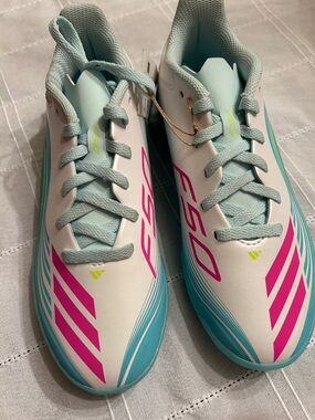adidas Kids F50 Messi Soccer Shoes - White with Teal & Pink